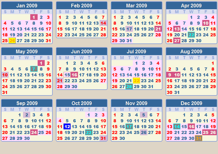 Calendar 2009 Put your cursor over the calendar dates for more information.