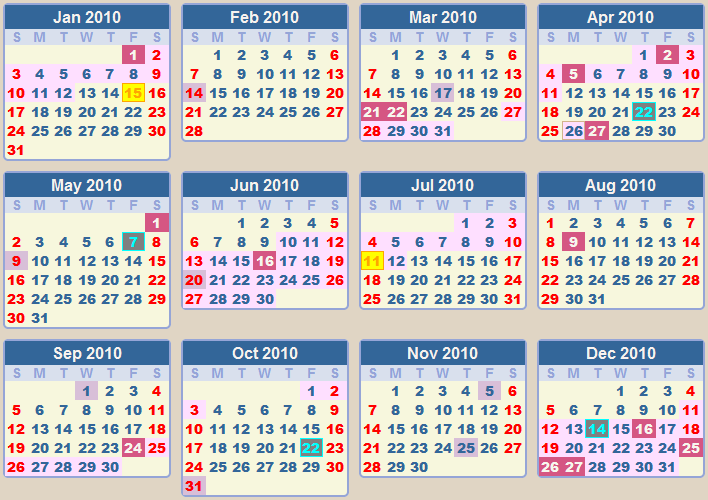 Calendar 2010. Dates for the 2010 World Cup Soccer Tournament: 11 June to 11 