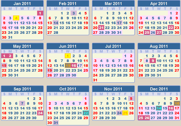 Calendar 2011 Put your cursor over the calendar dates for more information