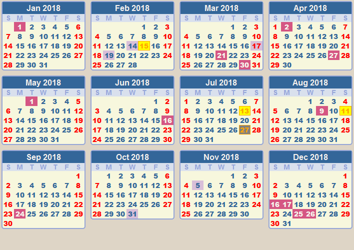 Calendar 2018